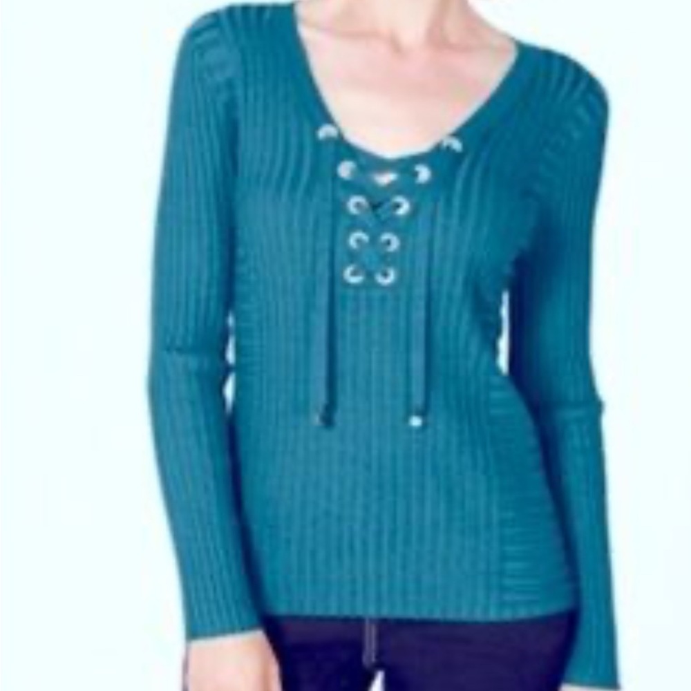 INC International Concepts Teal Lace-Up Long Sleeve Top